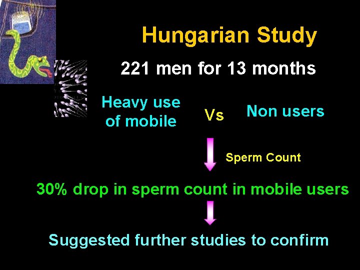 Hungarian Study 221 men for 13 months Heavy use of mobile Vs Non users