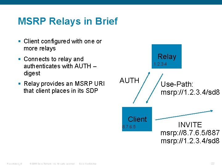 MSRP Relays in Brief § Client configured with one or more relays § Connects