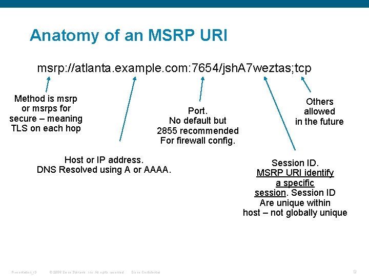 Anatomy of an MSRP URI msrp: //atlanta. example. com: 7654/jsh. A 7 weztas; tcp