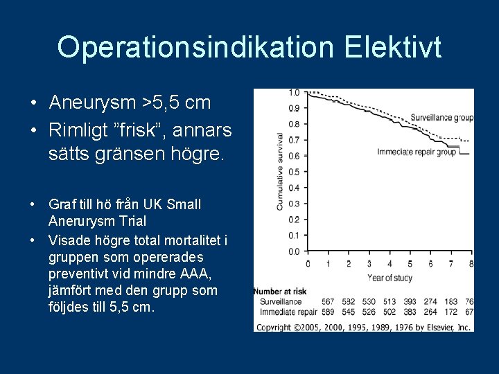 Operationsindikation Elektivt • Aneurysm >5, 5 cm • Rimligt ”frisk”, annars sätts gränsen högre.