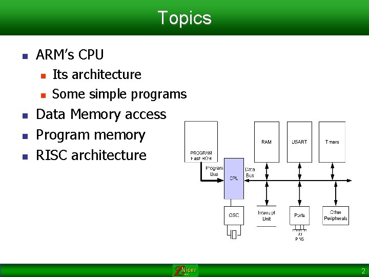 Topics n ARM’s CPU n n n Its architecture Some simple programs Data Memory