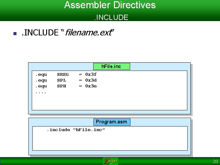Assembler Directives. INCLUDE n . INCLUDE “filename. ext” h. File. inc. equ. . SREG