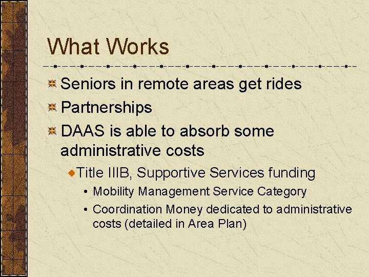 What Works Seniors in remote areas get rides Partnerships DAAS is able to absorb
