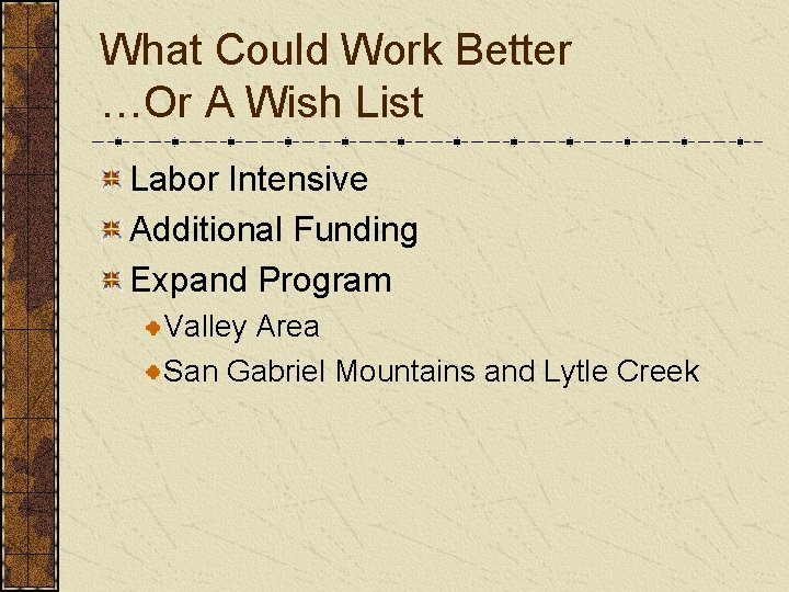 What Could Work Better …Or A Wish List Labor Intensive Additional Funding Expand Program