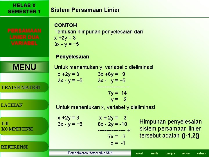 KELAS X SEMESTER 1 PERSAMAAN LINIER DUA VARIABEL Sistem Persamaan Linier CONTOH Tentukan himpunan