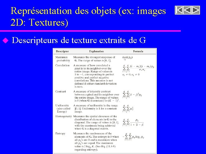 Représentation des objets (ex: images 2 D: Textures) u Descripteurs de texture extraits de