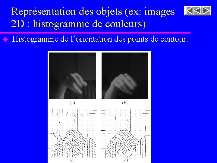 Représentation des objets (ex: images 2 D : histogramme de couleurs) u Histogramme de