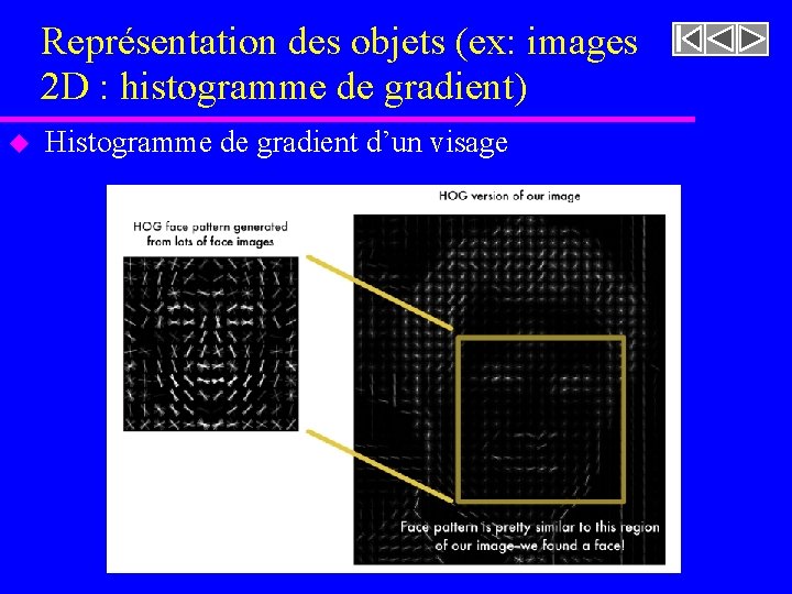 Représentation des objets (ex: images 2 D : histogramme de gradient) u Histogramme de