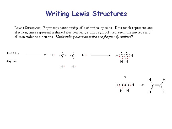 Writing Lewis Structures: Represent connectivity of a chemical species. Dots reach represent one electron;