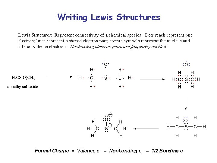 Writing Lewis Structures: Represent connectivity of a chemical species. Dots reach represent one electron;