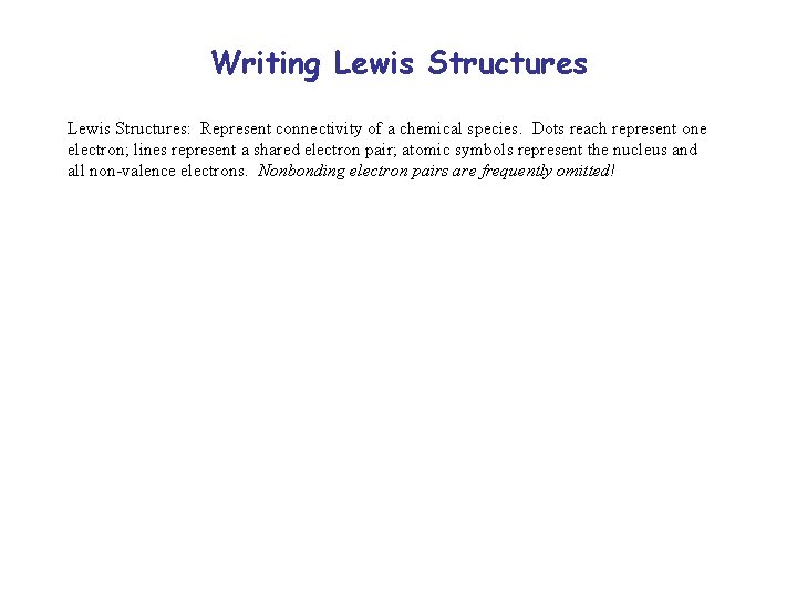 Writing Lewis Structures: Represent connectivity of a chemical species. Dots reach represent one electron;