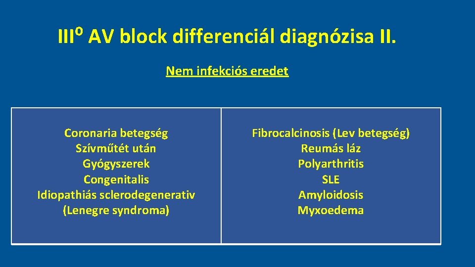 III⁰ AV block differenciál diagnózisa II. Nem infekciós eredet Coronaria betegség Szívműtét után Gyógyszerek