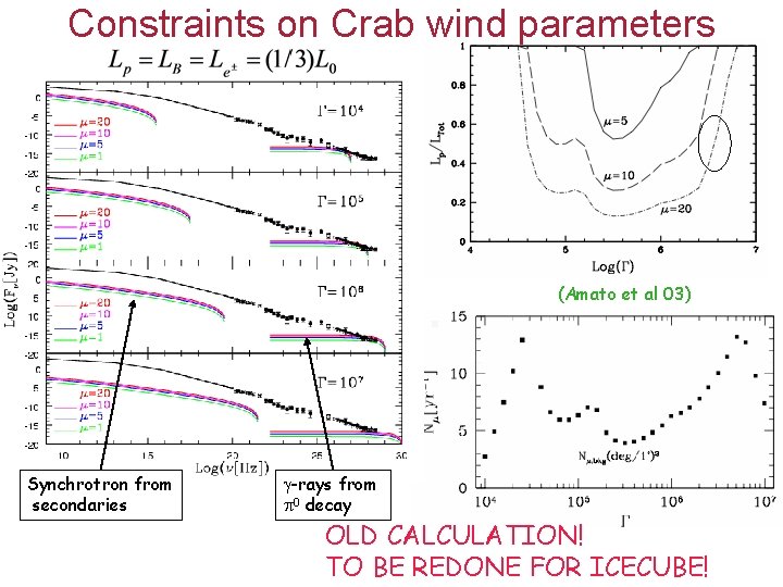 Constraints on Crab wind parameters (Amato et al 03) Synchrotron from secondaries -rays from Constraints on Crab wind parameters (Amato et al 03) Synchrotron from secondaries -rays from