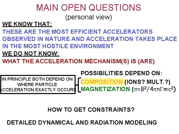 MAIN OPEN QUESTIONS (personal view) WE KNOW THAT: THESE ARE THE MOST EFFICIENT ACCELERATORS MAIN OPEN QUESTIONS (personal view) WE KNOW THAT: THESE ARE THE MOST EFFICIENT ACCELERATORS