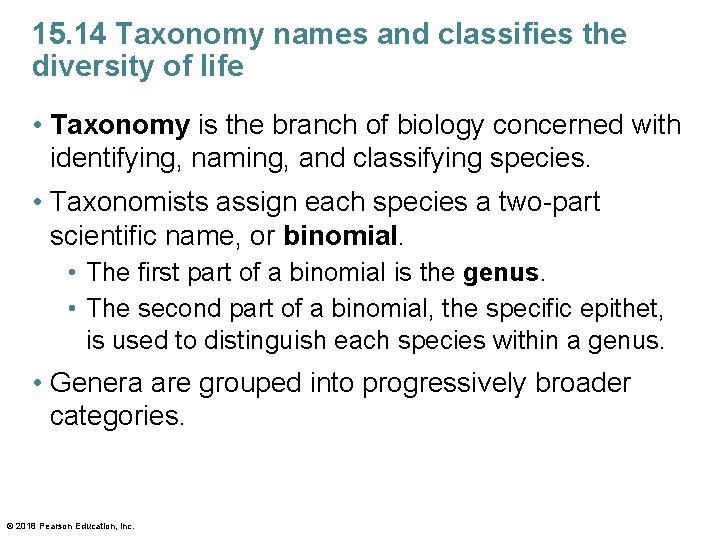 15. 14 Taxonomy names and classifies the diversity of life • Taxonomy is the