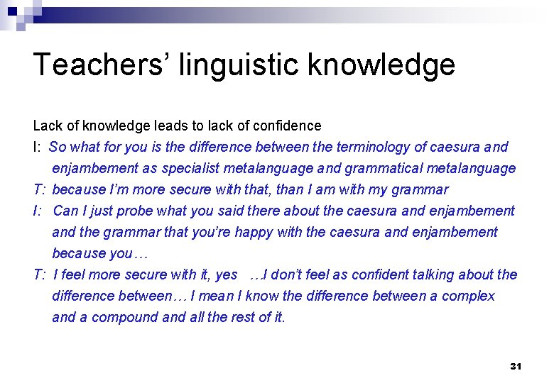 Teachers’ linguistic knowledge Lack of knowledge leads to lack of confidence I: So what