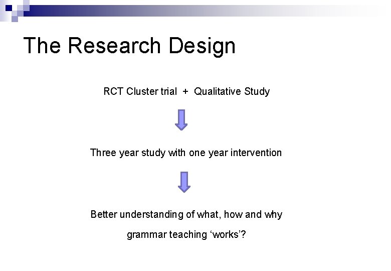 The Research Design RCT Cluster trial + Qualitative Study Three year study with one