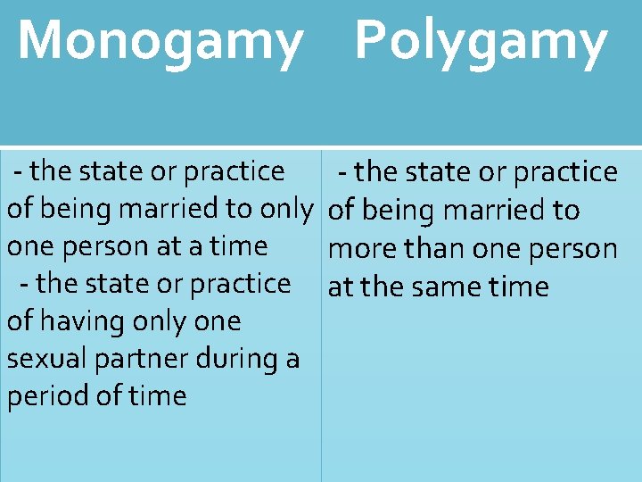 Monogamy Polygamy - the state or practice of being married to only one person