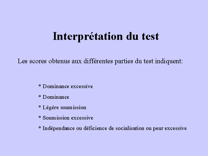 Interprétation du test Les scores obtenus aux différentes parties du test indiquent: * Dominance