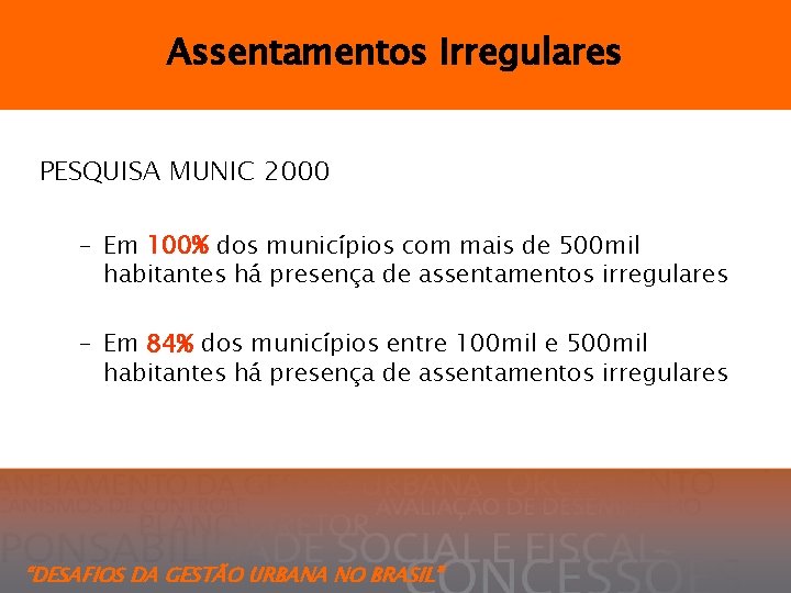 Assentamentos Irregulares PESQUISA MUNIC 2000 – Em 100% dos municípios com mais de 500