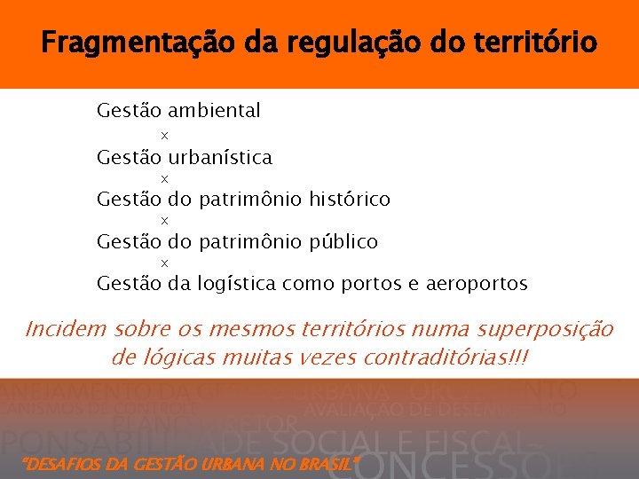 Fragmentação da regulação do território Gestão ambiental x Gestão urbanística x Gestão do patrimônio