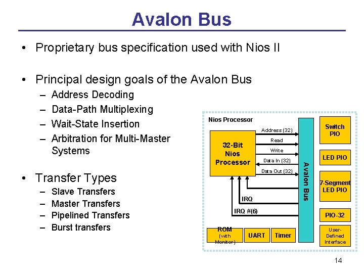 Avalon Bus • Proprietary bus specification used with Nios II • Principal design goals Avalon Bus • Proprietary bus specification used with Nios II • Principal design goals