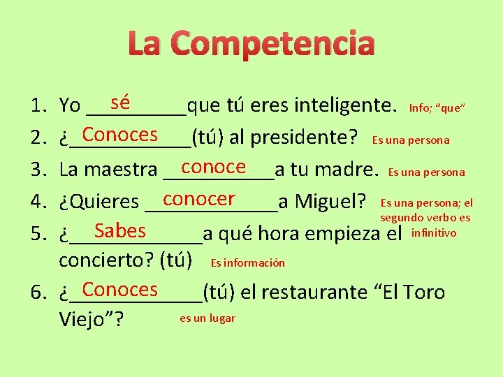 La Competencia sé Yo _____que tú eres inteligente. Info; “que” Conoces ¿______(tú) al presidente?
