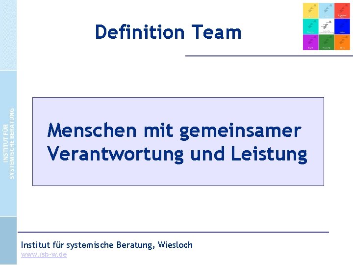Definition Team Menschen mit gemeinsamer Verantwortung und Leistung Institut für systemische Beratung, Wiesloch www.