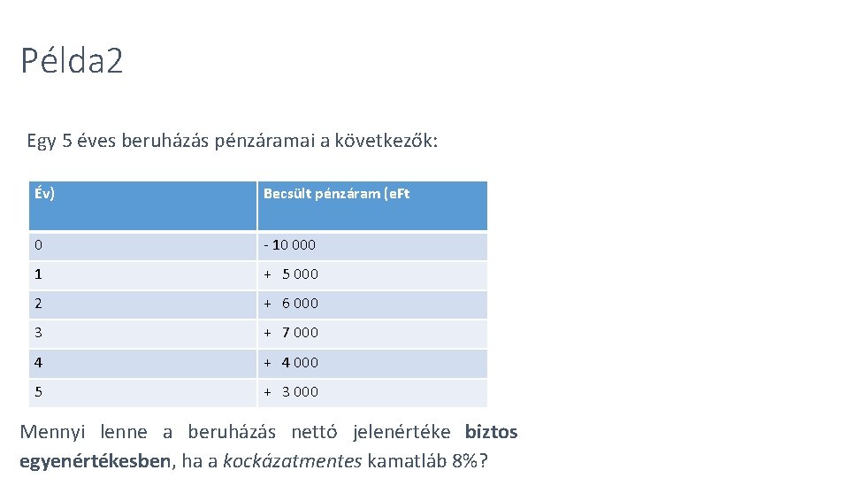 Példa 2 Egy 5 éves beruházás pénzáramai a következők: Év) Becsült pénzáram (e. Ft Példa 2 Egy 5 éves beruházás pénzáramai a következők: Év) Becsült pénzáram (e. Ft