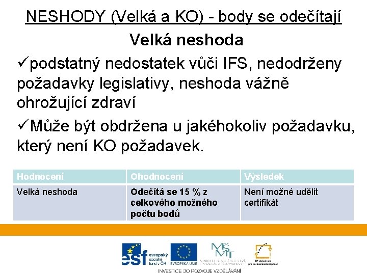 NESHODY (Velká a KO) - body se odečítají Velká neshoda üpodstatný nedostatek vůči IFS,