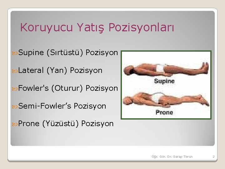 Koruyucu Yatış Pozisyonları Supine (Sırtüstü) Pozisyon Lateral (Yan) Pozisyon Fowler's (Oturur) Pozisyon Semi-Fowler’s Pozisyon