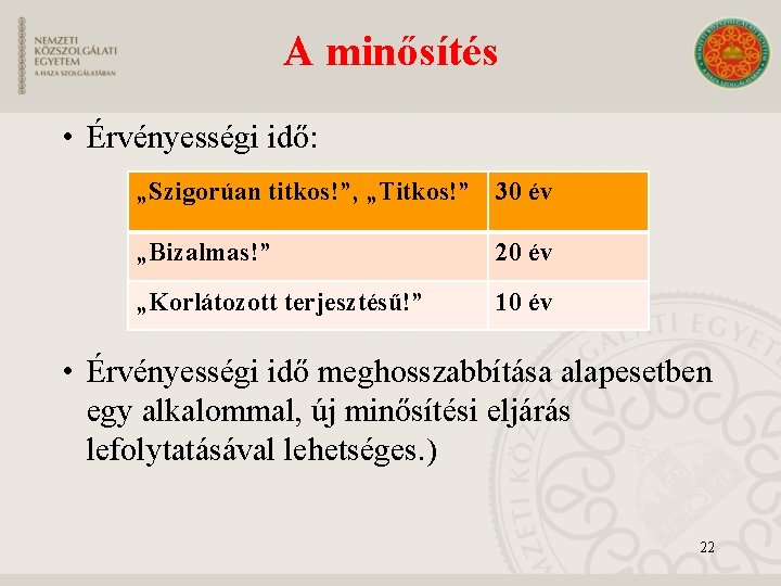 A minősítés • Érvényességi idő: „Szigorúan titkos!”, „Titkos!” 30 év „Bizalmas!” 20 év „Korlátozott