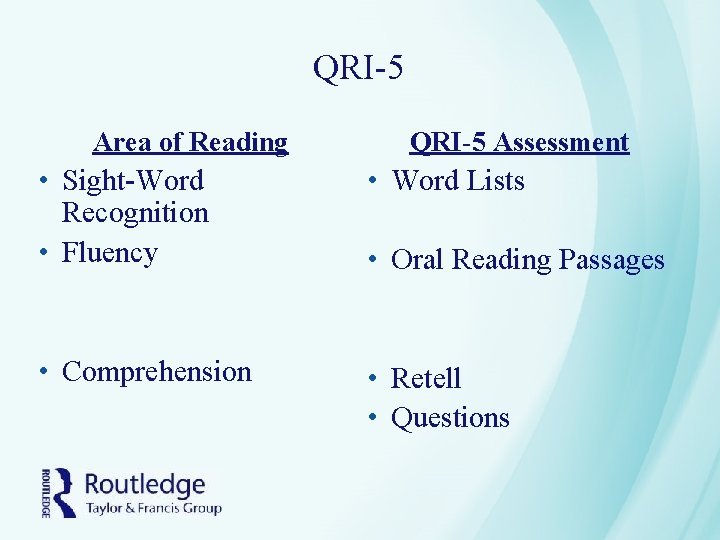 QRI-5 Area of Reading QRI-5 Assessment • Sight-Word Recognition • Fluency • Word Lists