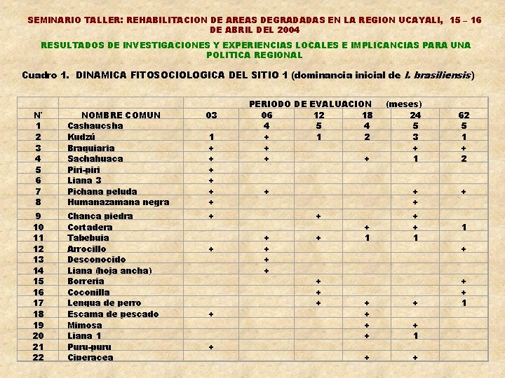 SEMINARIO TALLER: REHABILITACION DE AREAS DEGRADADAS EN LA REGION UCAYALI, 15 – 16 DE