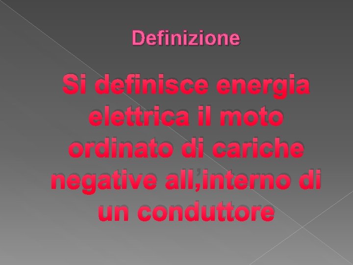 Definizione Si definisce energia elettrica il moto ordinato di cariche negative all’interno di un