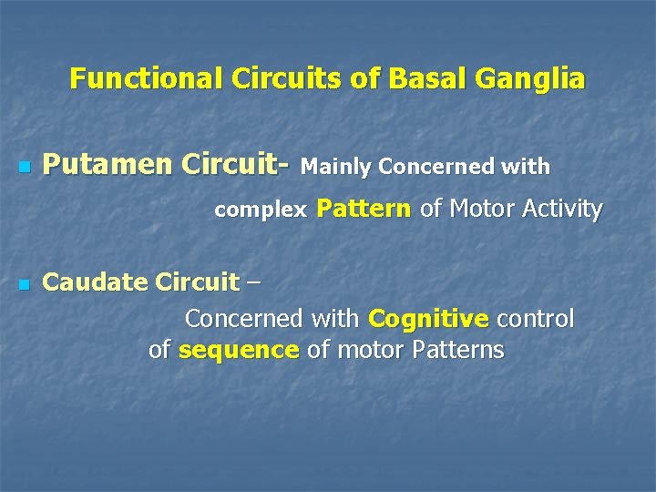 Functional Circuits of Basal Ganglia n Putamen Circuit- Mainly Concerned with complex Pattern of