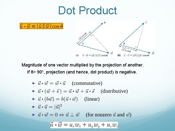 Dot Product Magnitude of one vector multiplied by the projection of another. If θ>