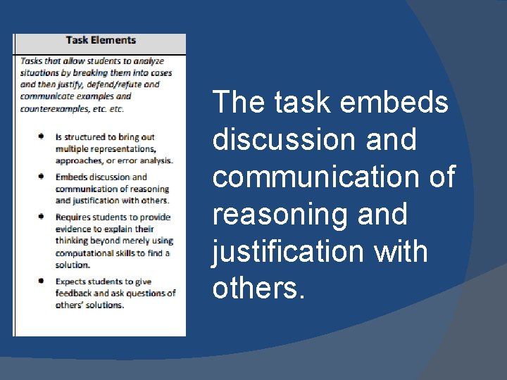 The task embeds discussion and communication of reasoning and justification with others. 