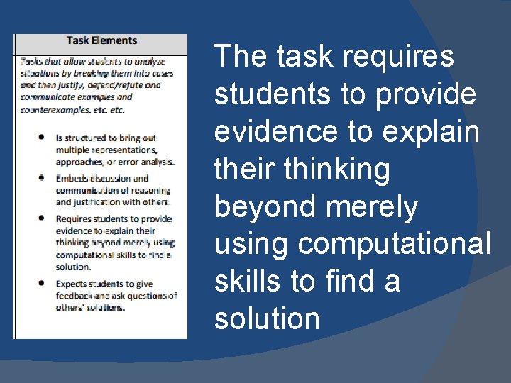 The task requires students to provide evidence to explain their thinking beyond merely using