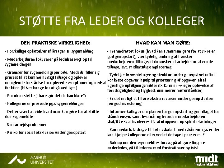 STØTTE FRA LEDER OG KOLLEGER DEN PRAKTISKE VIRKELIGHED: - Forskellige opfattelser af årsagen til