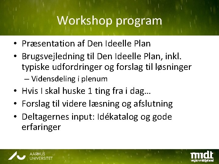 Workshop program • Præsentation af Den Ideelle Plan • Brugsvejledning til Den Ideelle Plan,