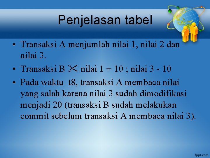 Penjelasan tabel • Transaksi A menjumlah nilai 1, nilai 2 dan nilai 3. •