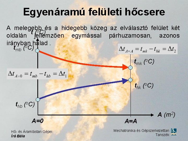 Egyenáramú felületi hőcsere A melegebb és a hidegebb közeg az elválasztó felület két o