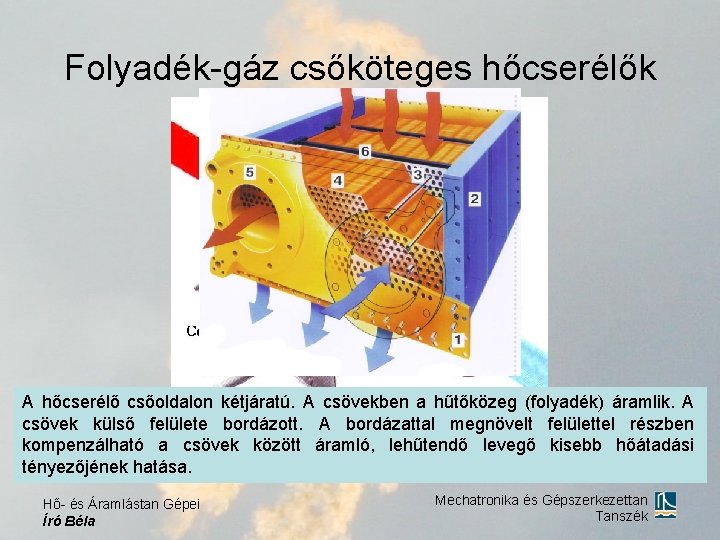 Folyadék-gáz csőköteges hőcserélők A hőcserélő csőoldalon kétjáratú. A csövekben a hűtőközeg (folyadék) áramlik. A