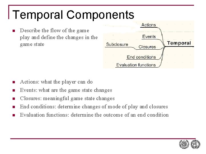 Temporal Components n Describe the flow of the game play and define the changes