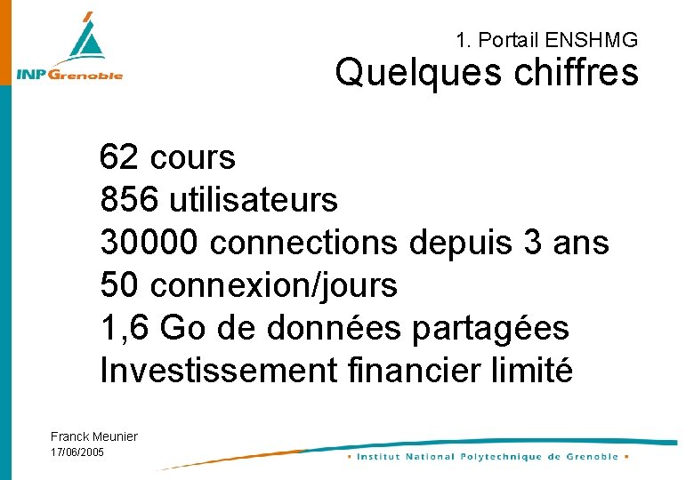 1. Portail ENSHMG Quelques chiffres 62 cours 856 utilisateurs 30000 connections depuis 3 ans
