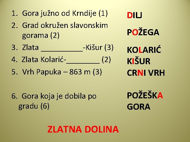 1. Gora južno od Krndije (1) 2. Grad okružen slavonskim gorama (2) 3. Zlata