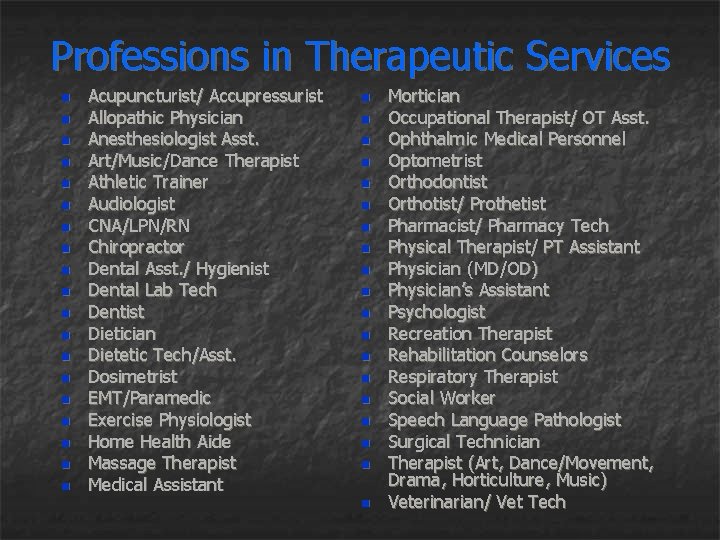 Professions in Therapeutic Services n n n n n Acupuncturist/ Accupressurist Allopathic Physician Anesthesiologist