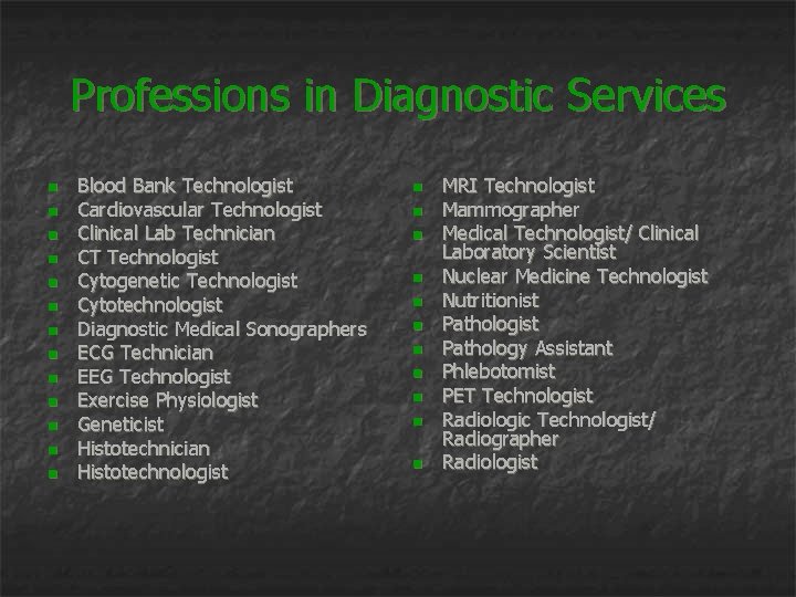Professions in Diagnostic Services n n n n Blood Bank Technologist Cardiovascular Technologist Clinical
