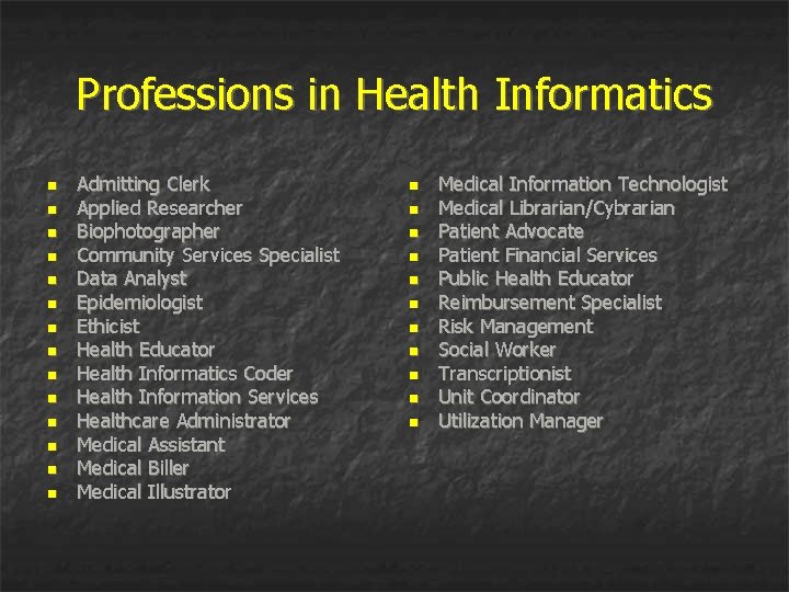 Professions in Health Informatics n n n n Admitting Clerk Applied Researcher Biophotographer Community